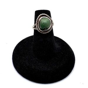 Vintage Sterling Silver Green Turquoise Rope Border Split Shank Ring Size 5 1/2